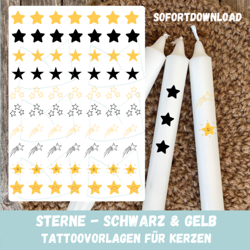 Kerzentattoo Vorlage Sterne, schwarz & gelb, Druckvorlage zum selber basteln - Download