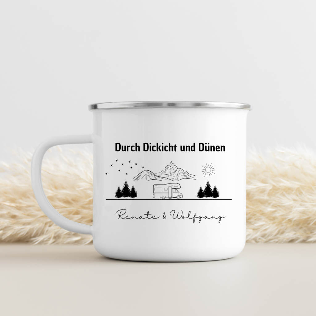 Emaillie Tasse Camping - Durch Dickicht und Dünen - Personalisiert mit 2 Namen