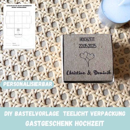 Personalisierbarer Geschenkkarton/ Verpackung für Teelichter zur Hochzeit, Gastgeschenk- Bastelvorlage zum selber basteln - Download
