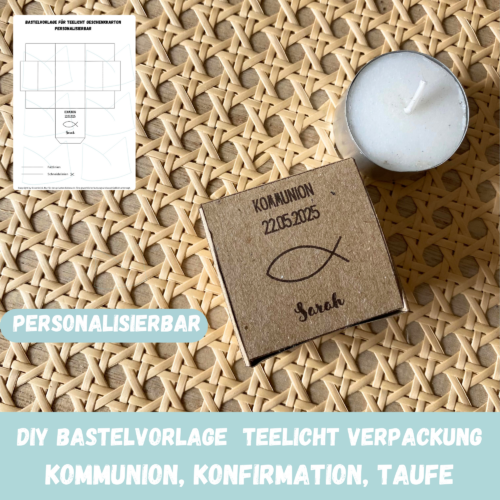 Personalisierbarer Geschenkkarton/ Verpackung für Teelichter zur Kommunion, Konfirmation, Taufe, Firmung - Bastelvorlage zum selber basteln - Download