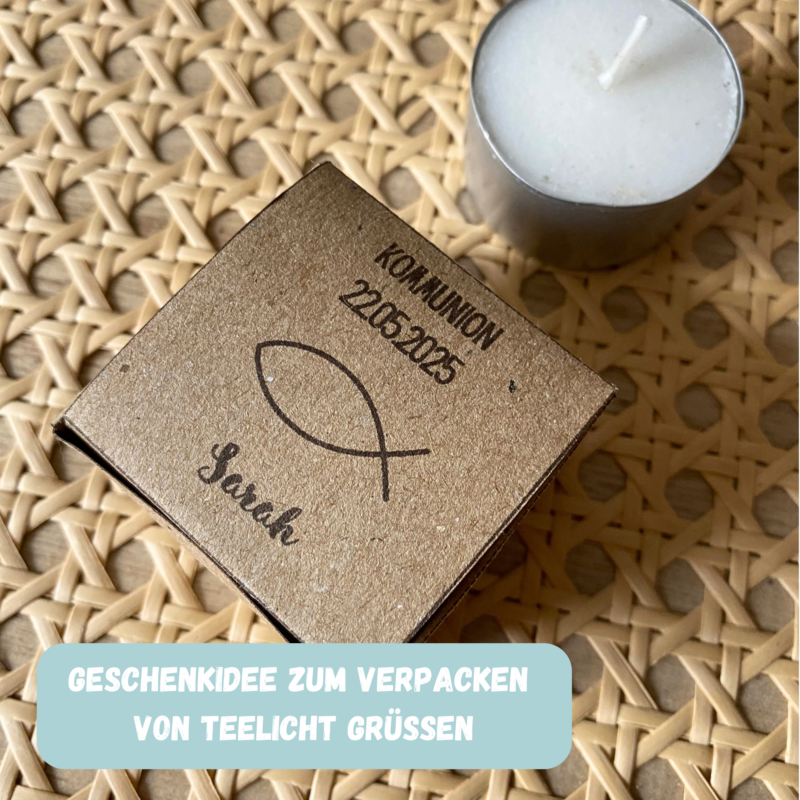 Personalisierbarer Geschenkkarton/ Verpackung für Teelichter zur Kommunion, Konfirmation, Taufe, Firmung - Bastelvorlage zum selber basteln - Download