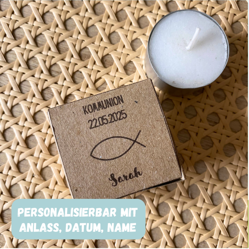 Personalisierbarer Geschenkkarton/ Verpackung für Teelichter zur Kommunion, Konfirmation, Taufe, Firmung - Bastelvorlage zum selber basteln - Download
