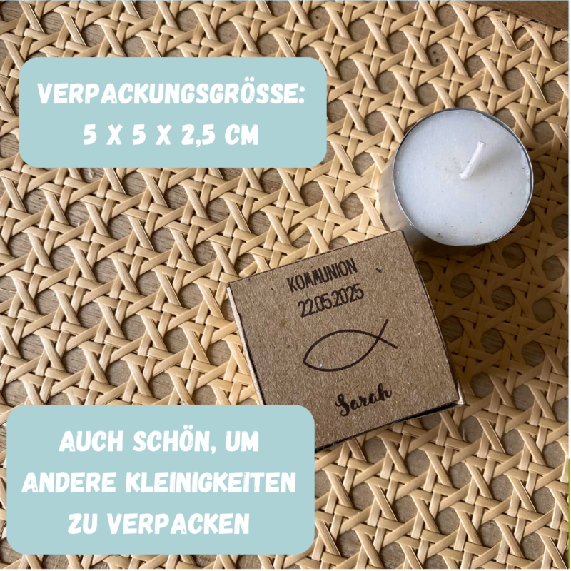 Personalisierbarer Geschenkkarton/ Verpackung für Teelichter zur Kommunion, Konfirmation, Taufe, Firmung - Bastelvorlage zum selber basteln - Download