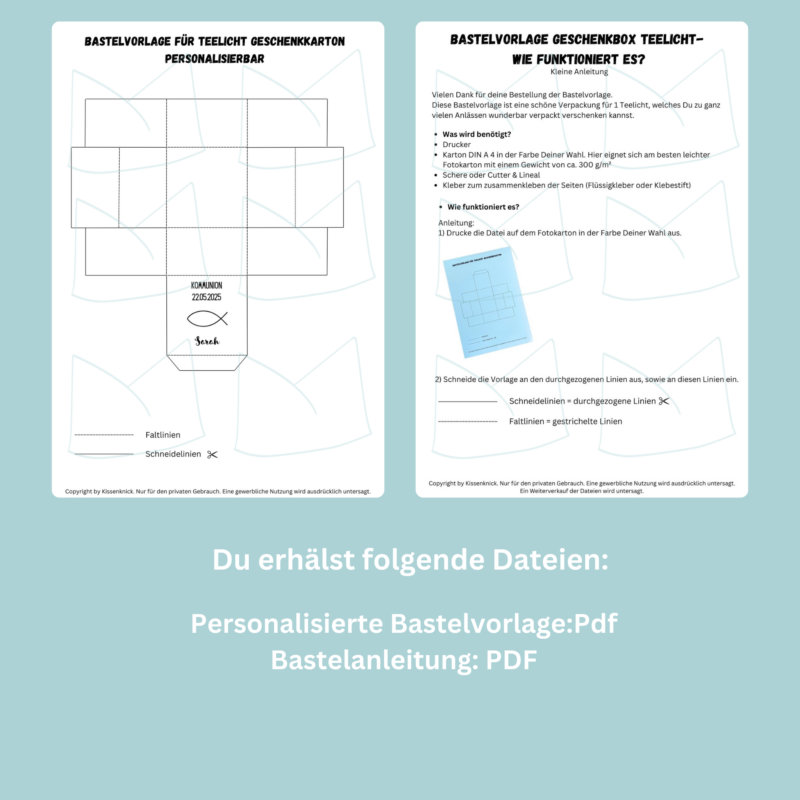 Personalisierbarer Geschenkkarton/ Verpackung für Teelichter zur Kommunion, Konfirmation, Taufe, Firmung - Bastelvorlage zum selber basteln - Download