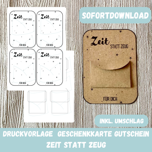 DIY Druckvorlage Geschenkkarte für Gutschein - Zeit statt Zeug - Karte zum Bestücken - PDF