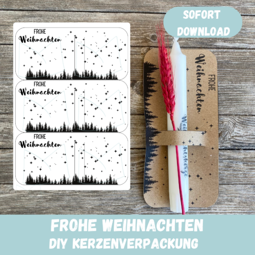 DIY Bastelvorlage Frohe Weihnachten - Kerzenverpackung für Stabkerzen & andere Kleinigkeiten, Tannenbäume - Download