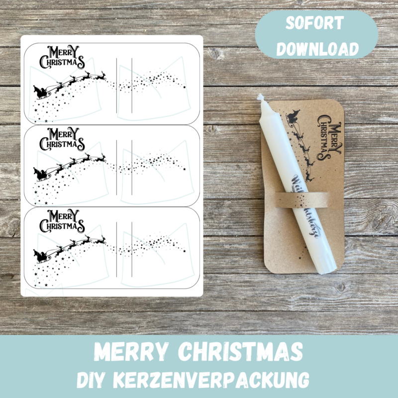 DIY Bastelvorlage Weihnachten - Merry Christmas mit Rentierschlitten - Kerzenverpackung für Stabkerzen & andere Kleinigkeiten, Rentiere - Download