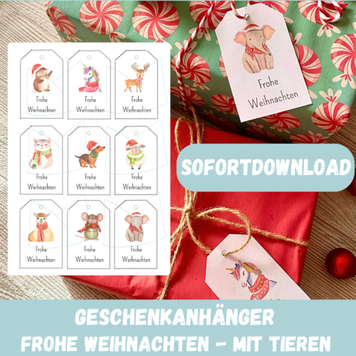 9 lustige Geschenkanhänger mit Tieren für Weihnachten zum Ausdrucken - PDF Download