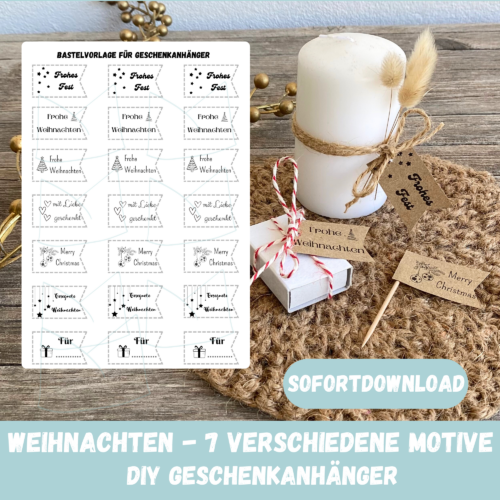weihnachtliche Geschenkanhänger Bastelvorlage, kleine Anhänger, 7 verschiedene Etiketten für Geschenke - PDF Download