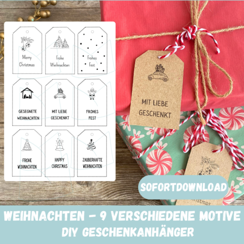 9 verschiedene Geschenkanhänger für Weihnachten zum Ausdrucken - PDF Download