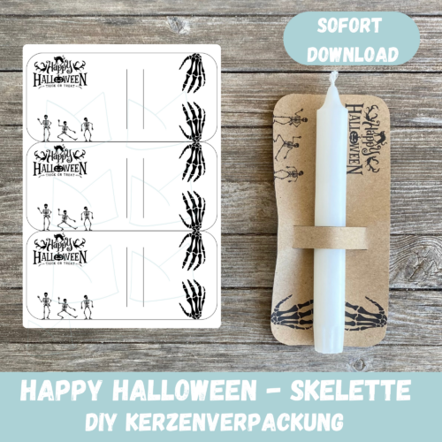 Happy Halloween - Bastelvorlage- Kerzenverpackung für Stabkerzen & andere Kleinigkeiten mit Skelett- Download
