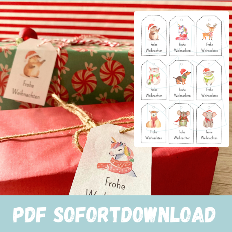 9 lustige Geschenkanhänger mit Tieren für Weihnachten zum Ausdrucken - PDF Download