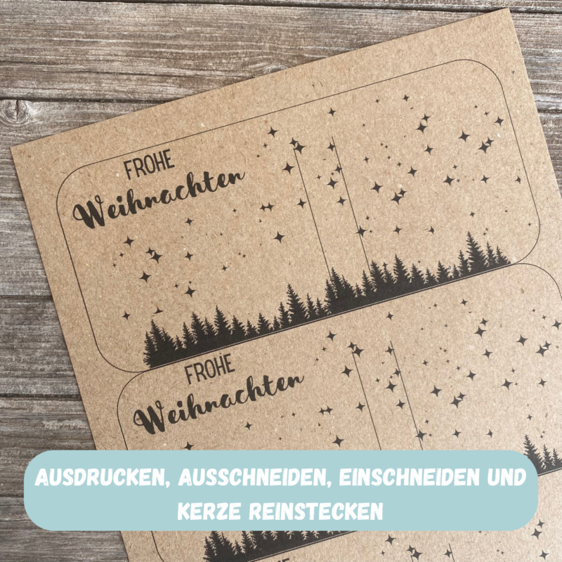 DIY Bastelvorlage Frohe Weihnachten - Kerzenverpackung für Stabkerzen & andere Kleinigkeiten, Tannenbäume - Download