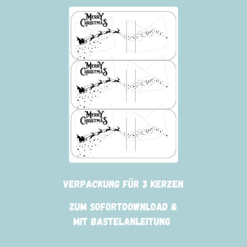 DIY Bastelvorlage Weihnachten - Merry Christmas mit Rentierschlitten - Kerzenverpackung für Stabkerzen & andere Kleinigkeiten, Rentiere - Download