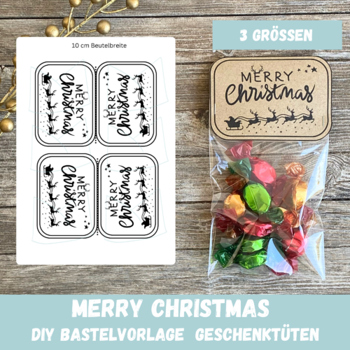Bastelvorlage Tütenklappe Geschenktüte Rentiere - Merry Christmas - für befüllte Geschenktütchen, PDF