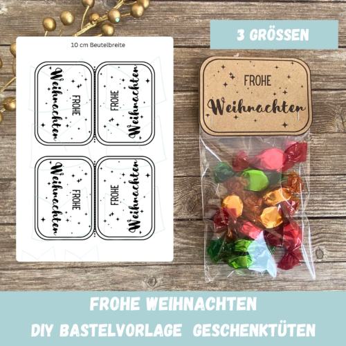 Bastelvorlage Tütenklappe Geschenktüte Frohe Weihnachten für befüllte Geschenktütchen, PDF