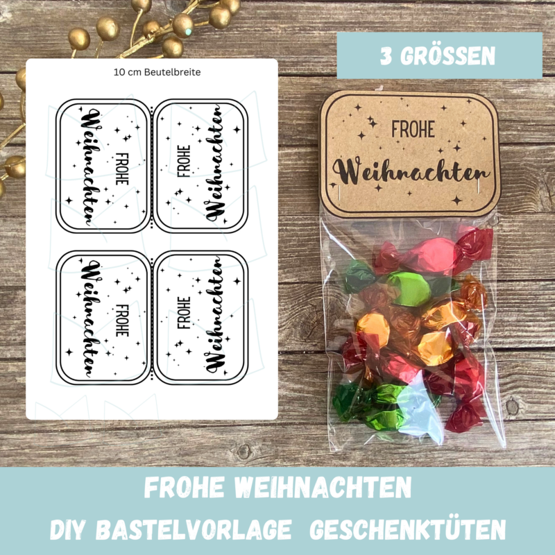 Bastelvorlage Tütenklappe Geschenktüte Frohe Weihnachten für befüllte Geschenktütchen, PDF