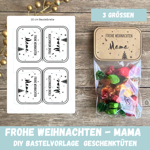 Bastelvorlage Tütenklappe Geschenktüte Frohe Weihnachten Mama - für befüllte Geschenktütchen, PDF