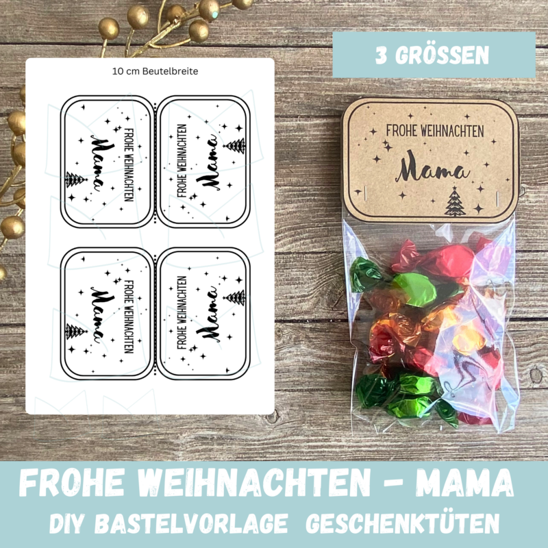 Bastelvorlage Tütenklappe Geschenktüte Frohe Weihnachten Mama - für befüllte Geschenktütchen, PDF