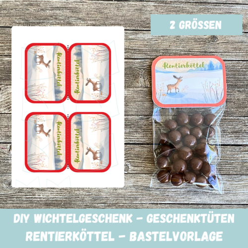 Geschenktüte Rentierköttel auf der Wiese in der Tüte, Tütenklappe für befüllte Geschenktütchen, Digitaler Download