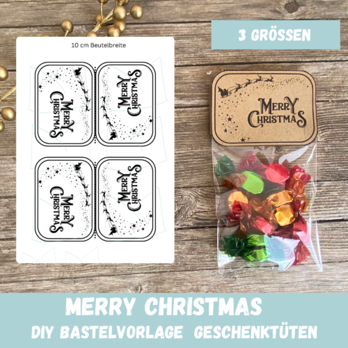 Bastelvorlage Tütenklappe Geschenktüte Merry Christmas - für befüllte Geschenktütchen, PDF
