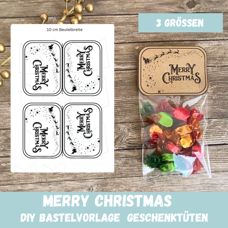 Bastelvorlage Tütenklappe Geschenktüte Merry Christmas - für befüllte Geschenktütchen, PDF