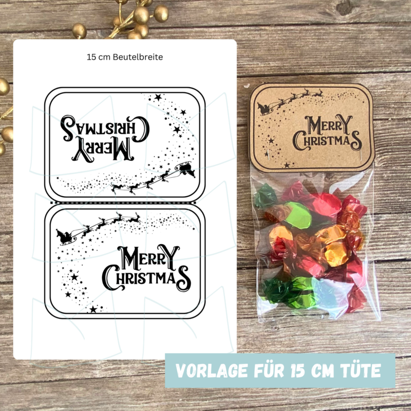 Bastelvorlage Tütenklappe Geschenktüte Merry Christmas - für befüllte Geschenktütchen, PDF