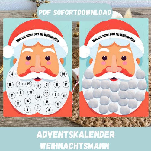 lustiger Adventskalender Weihnachtmann zum Bart ankleben - mit 24 Wattebauschen- Digitaler Download PDF