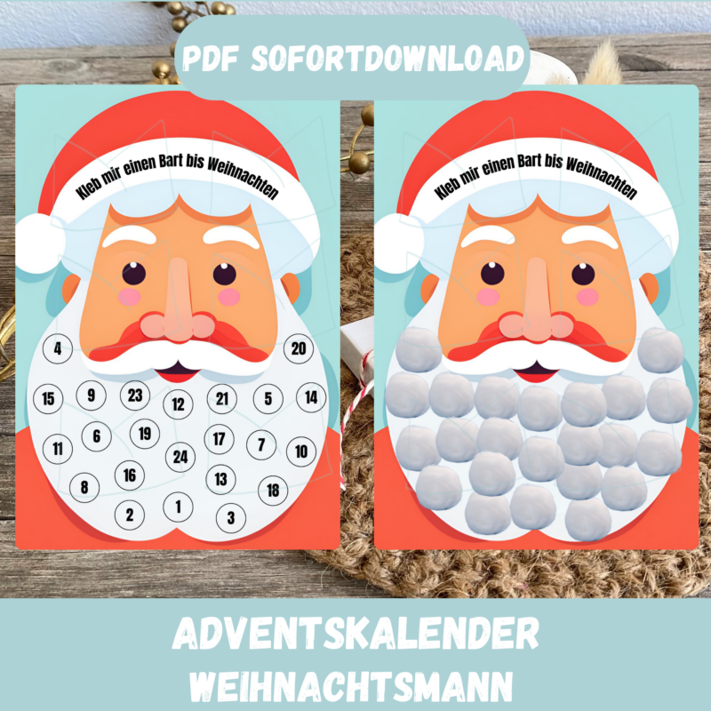 lustiger Adventskalender Weihnachtmann zum Bart ankleben - mit 24 Wattebauschen- Digitaler Download PDF