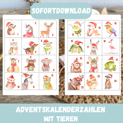 Adventskalender Zahlen mit Tieren zum Ausschneiden für Kärtchen oder Aufkleber - 24 weihnachtliche Tiere - Digitaler Download PDF