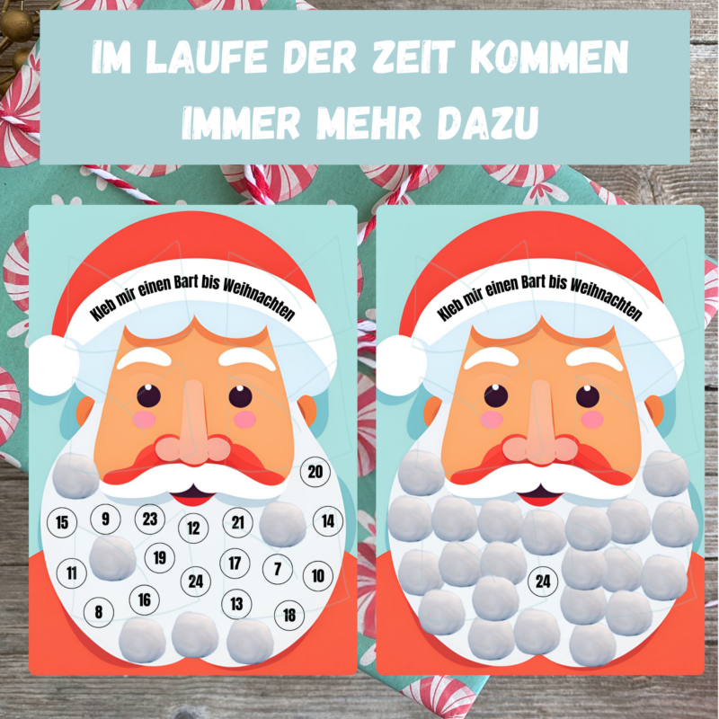 lustiger Adventskalender Weihnachtmann zum Bart ankleben - mit 24 Wattebauschen- Digitaler Download PDF