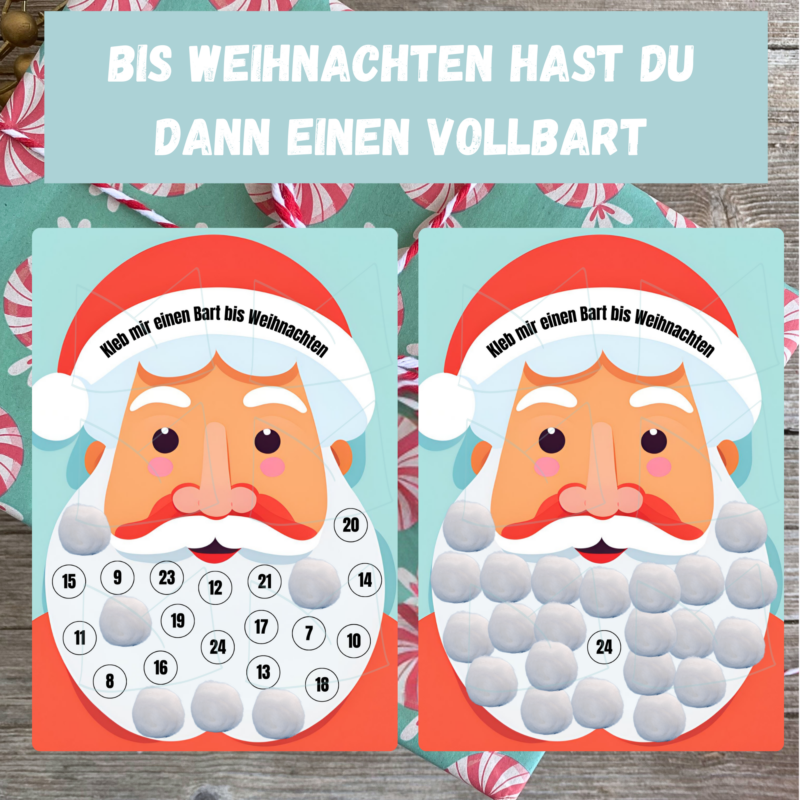 lustiger Adventskalender Weihnachtmann zum Bart ankleben - mit 24 Wattebauschen- Digitaler Download PDF