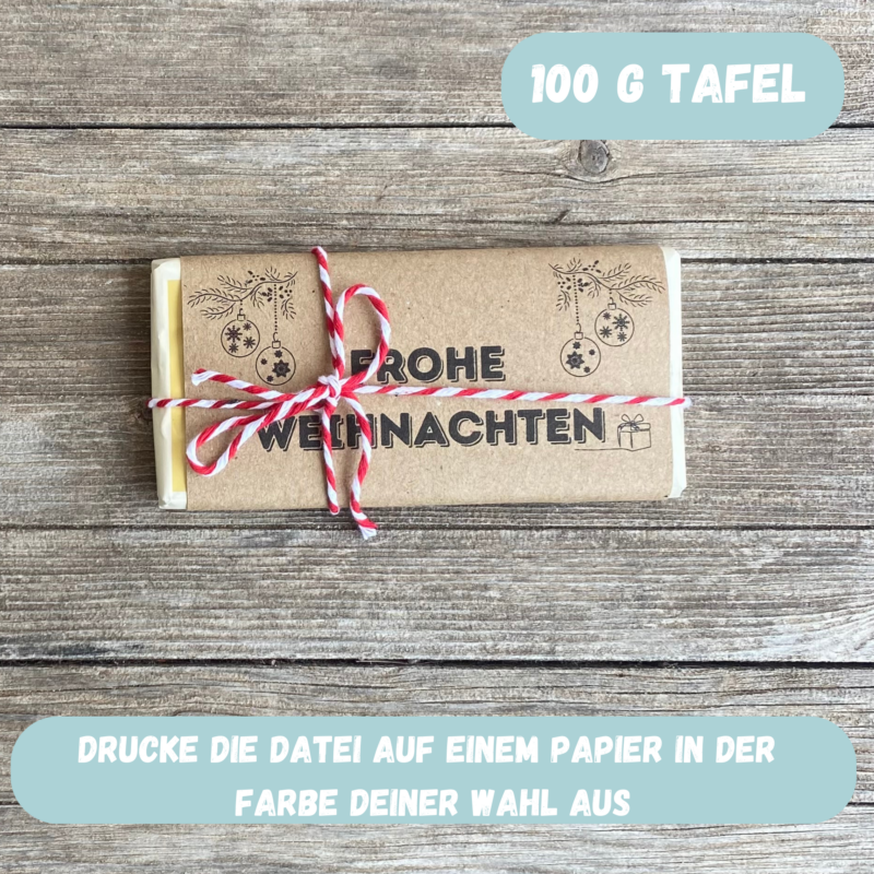 Frohe Weihnachten, Schokoladenbanderole, Verpackung für Schokolade 100 g & 200 g Tafeln - Digitaler Download - PDF