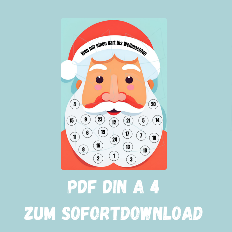 lustiger Adventskalender Weihnachtmann zum Bart ankleben - mit 24 Wattebauschen- Digitaler Download PDF