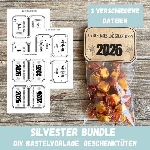 Bastelvorlage Tütenklappe Geschenktüte SILVESTER / Bundle - 3 Dateien - für befüllte Geschenktütchen, PDF