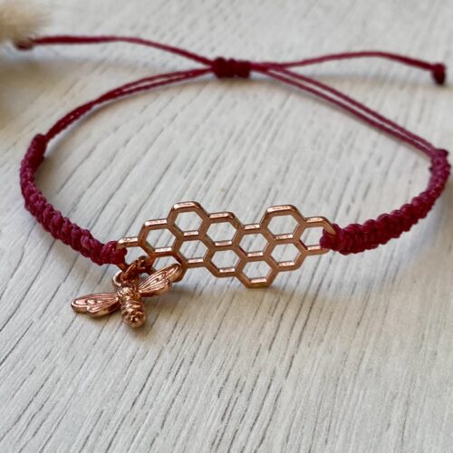 Makramee Armband, Bienenwabe, Wabenstruktur, mit kleiner Biene als Anhänger in kupfer, Garn Farbauswahl