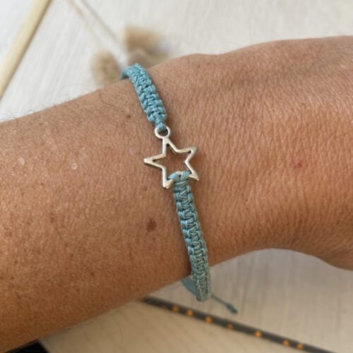 Makramee Armband, kleiner Stern Silber, Altsilber, Bandfarbe türkis
