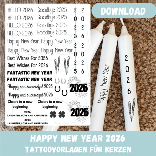 Kerzentattoo Vorlage Silvester 2026, Englisch, Happy New Year - für Stabkerzen - DIY Druckvorlage - Download