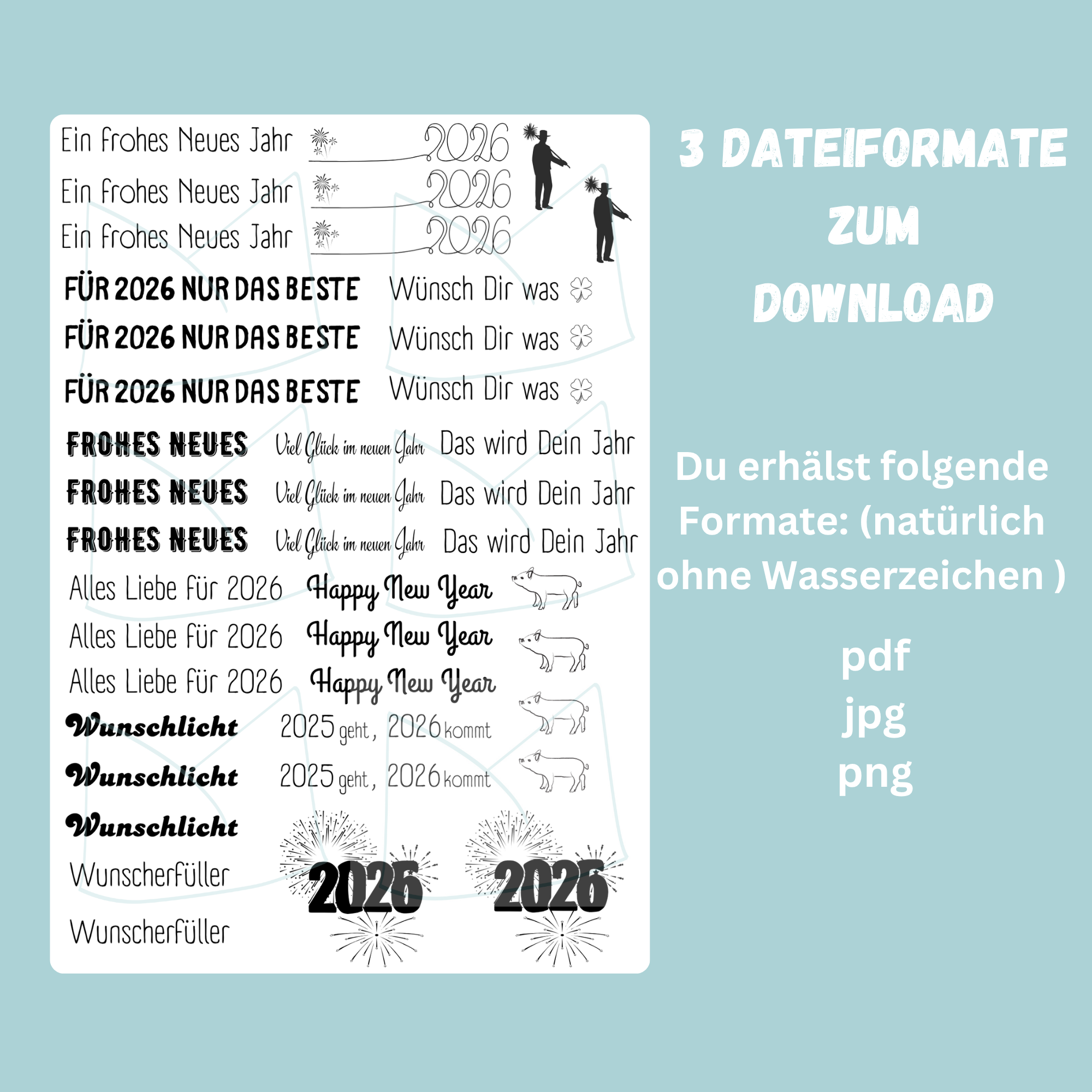 Kerzentattoo Vorlage Silvester 2026, Frohes neues Jahr - für Stabkerzen - DIY Druckvorlage - Download – Bild 4