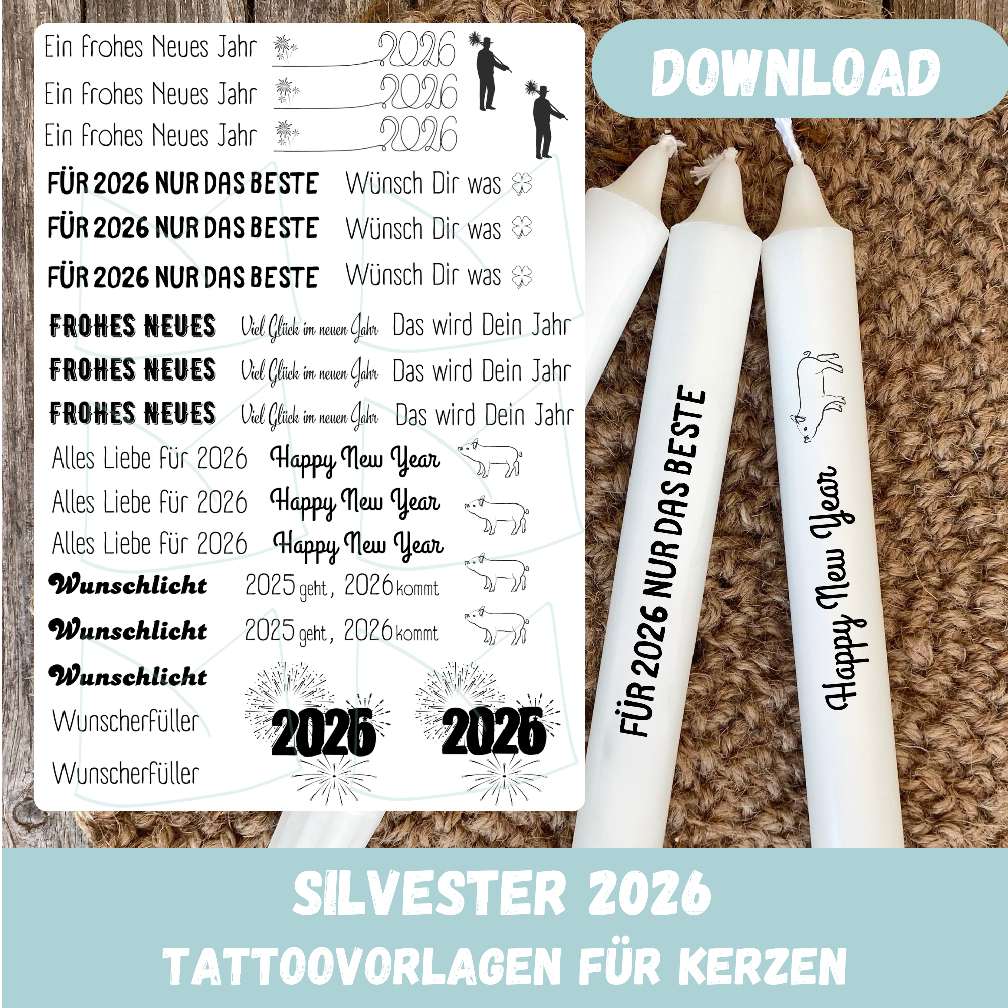 Kerzentattoo Vorlage Silvester 2026, Frohes neues Jahr - für Stabkerzen - DIY Druckvorlage - Download