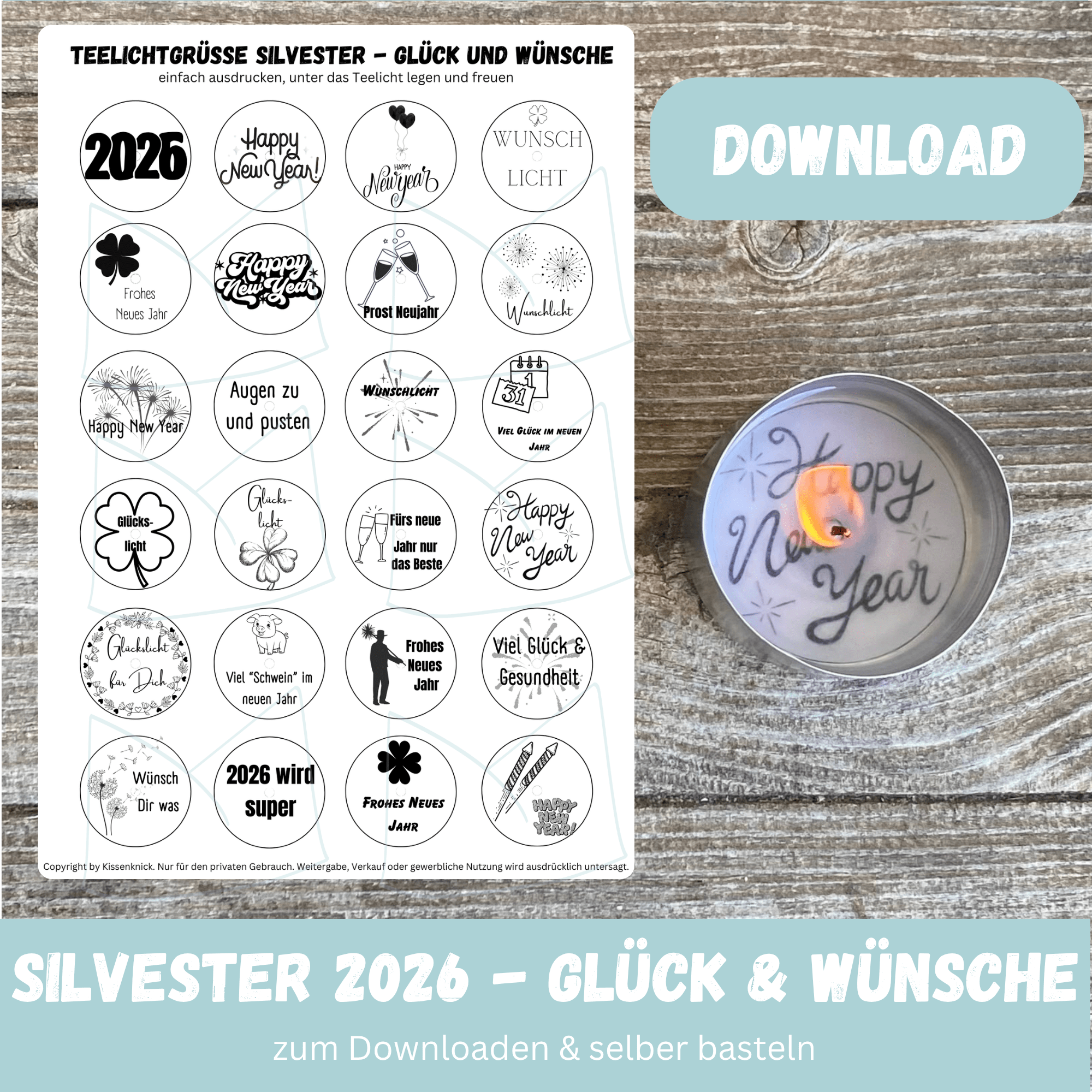 Teelicht mit Botschaft - Silvester 25/26 - Digitaler Download
