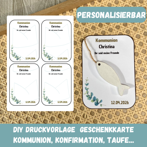 Personalisierbare Bastelvorlage Geschenkkarte - Kommunion/ Konfirmation/ Taufe/ Hochzeit/ Eukalyptus - Karte zum Bestücken - PDF Download