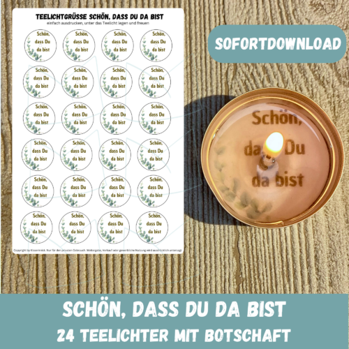 Teelicht mit Botschaft - Schön, dass Du da bist, Eukalyptus, Gastgeschenk- Digitaler Download