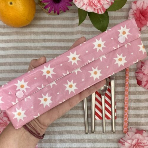 Bestecktasche/ Pinseltasche für Camping, Picknick, unterwegs - rosa mit Blumen - Motiv