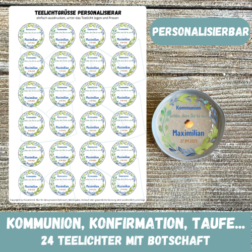 Personalisierbar - Teelicht mit Botschaft - Kranz blau/ grün - Design, Kommunion, Taufe, Konfirmation, Gastgeschenk - Digitaler Download