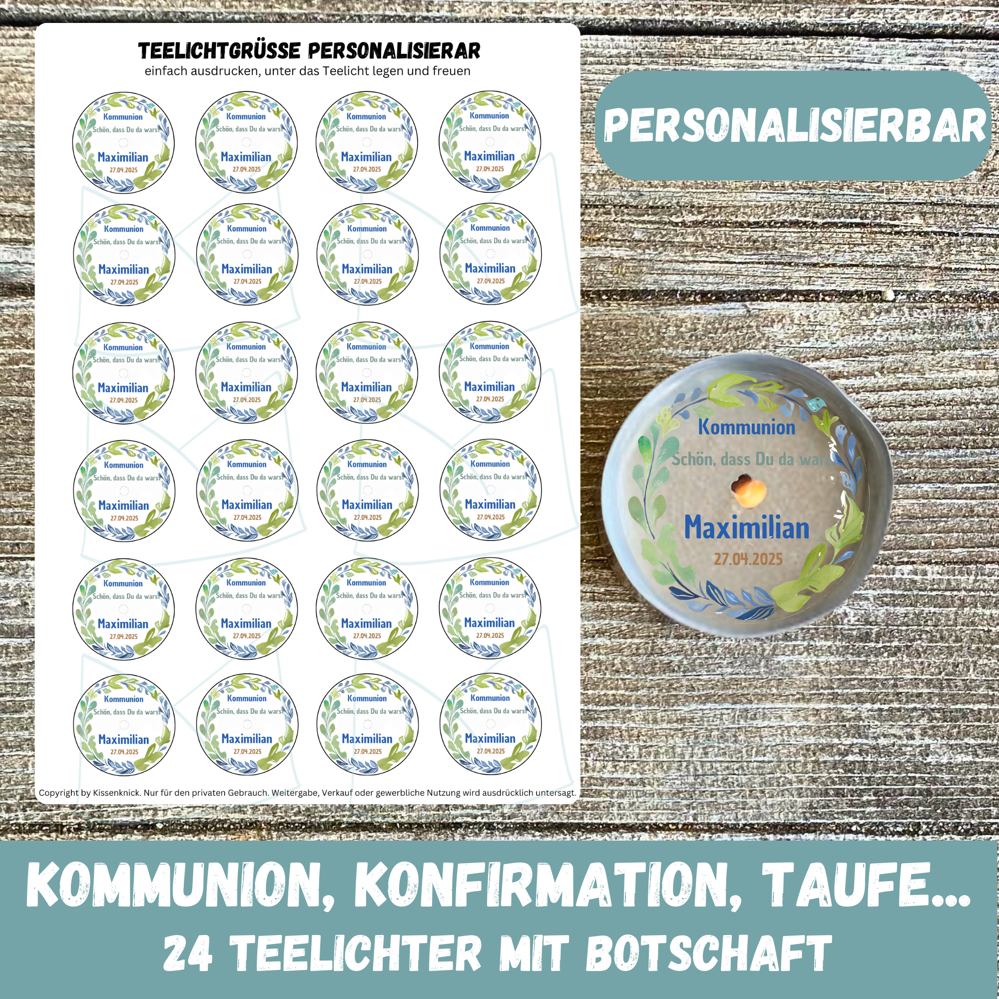 Personalisierbar - Teelicht mit Botschaft - Kranz blau/ grün - Design, Kommunion, Taufe, Konfirmation, Gastgeschenk - Digitaler Download