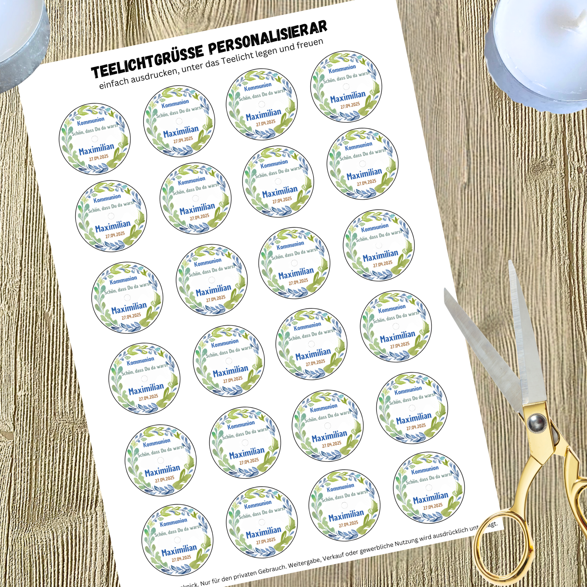 Personalisierbar - Teelicht mit Botschaft - Kranz blau/ grün - Design, Kommunion, Taufe, Konfirmation, Gastgeschenk - Digitaler Download