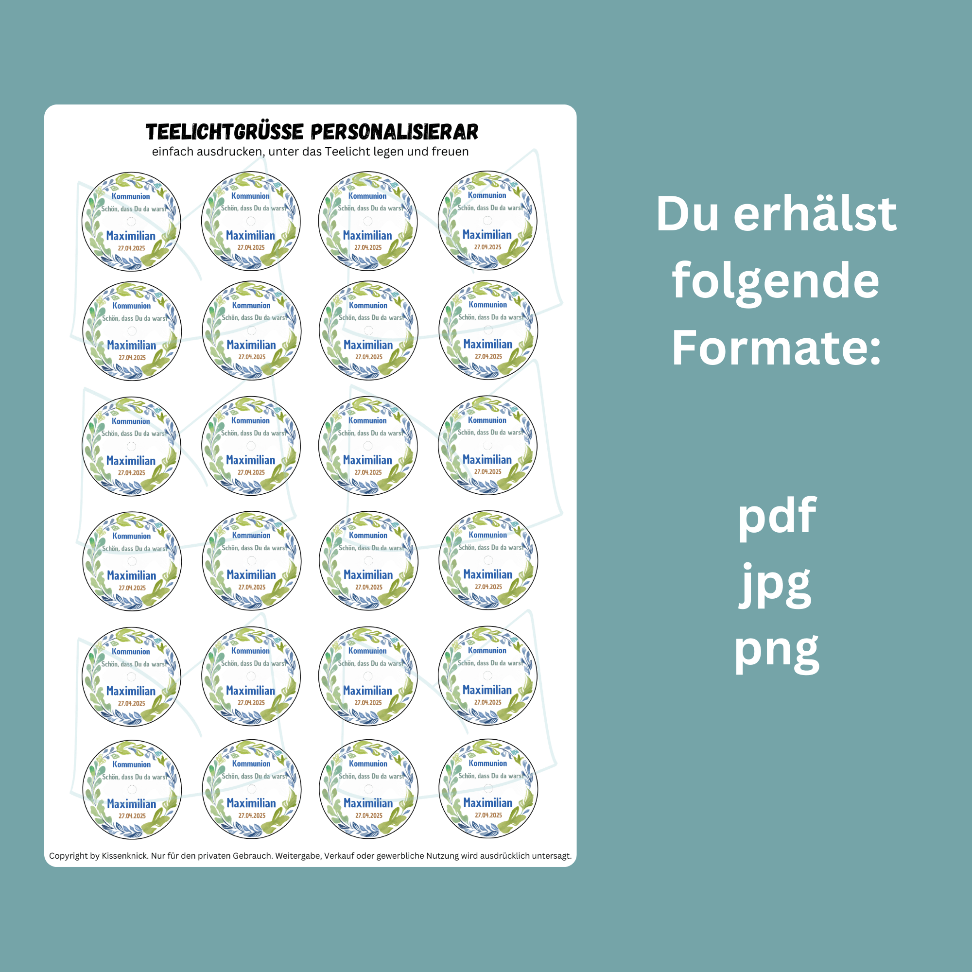 Personalisierbar - Teelicht mit Botschaft - Kranz blau/ grün - Design, Kommunion, Taufe, Konfirmation, Gastgeschenk - Digitaler Download