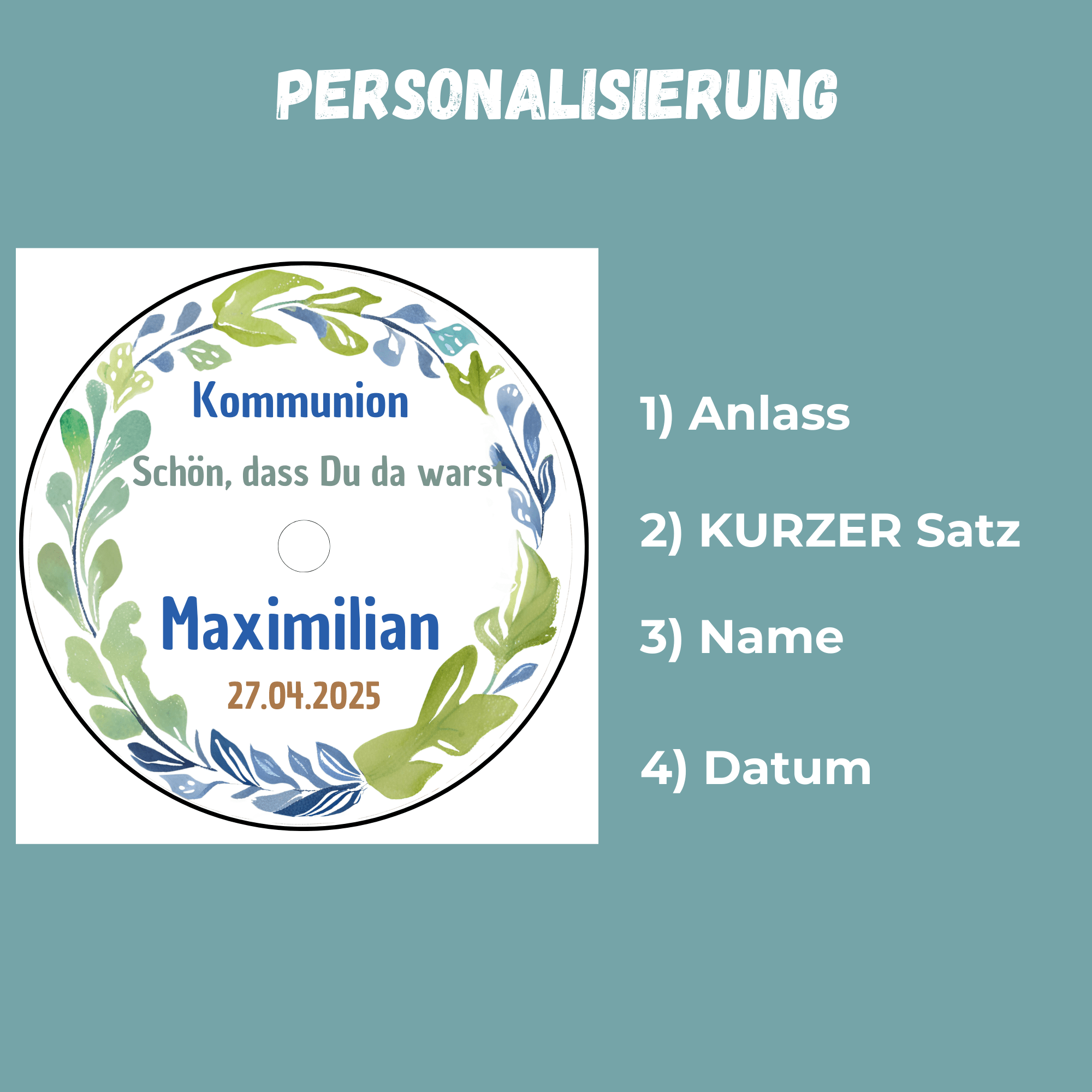 Personalisierbar - Teelicht mit Botschaft - Kranz blau/ grün - Design, Kommunion, Taufe, Konfirmation, Gastgeschenk - Digitaler Download
