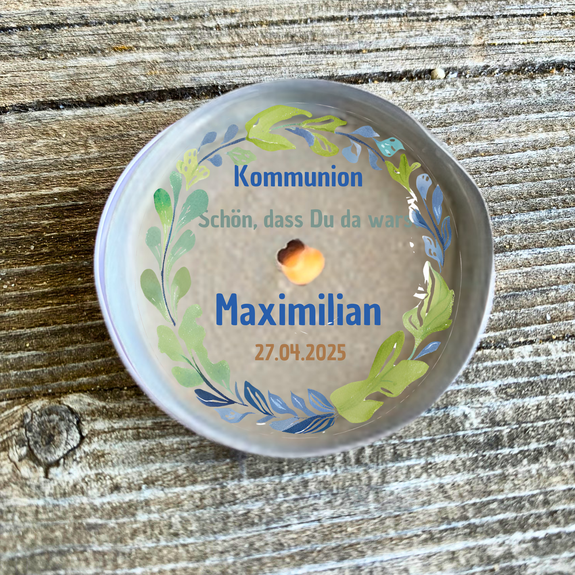 Personalisierbar - Teelicht mit Botschaft - Kranz blau/ grün - Design, Kommunion, Taufe, Konfirmation, Gastgeschenk - Digitaler Download